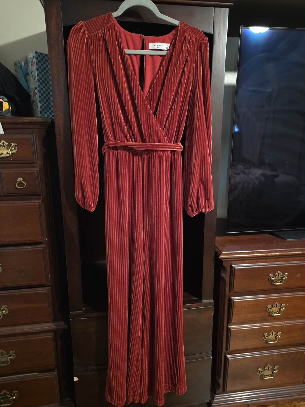 Anthropologie Red Velvet Jumpsuit